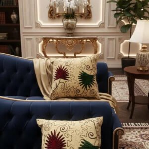 Handmade Aari Embroidered Pink Green Leaf Cushion Cover