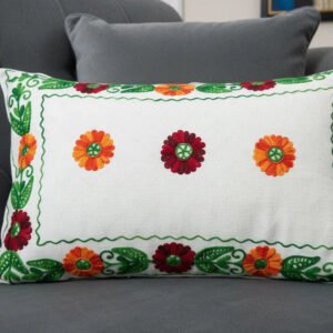 Hand Embroidered Floral Cushion Cover – White Cotton Decorative Pillow Cover for Sofa, Couch & Home Décor