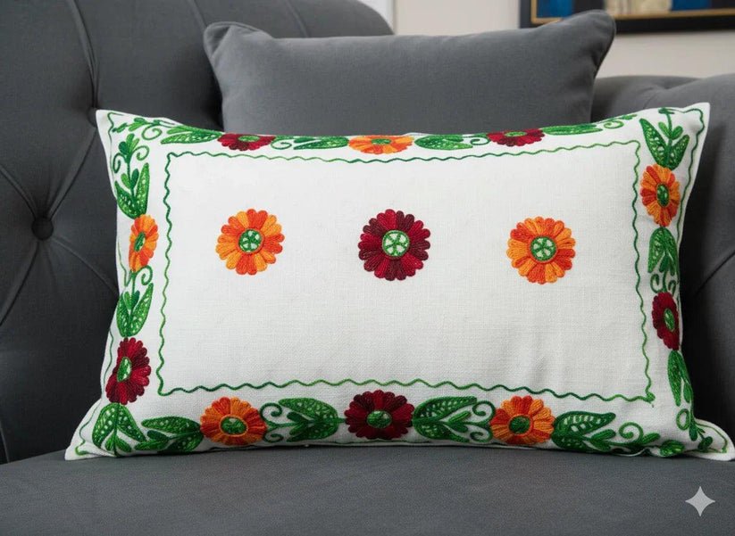 Hand Embroidered Floral Cushion Cover – White Cotton Decorative Pillow Cover for Sofa, Couch & Home Décor