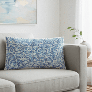 Handmade Aari Embroidered Blue Wave Cushion Cover