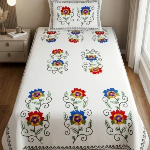 Handcrafted Aari Embroidery Cotton Bedsheet with Pillow Cover