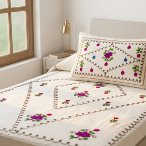 Aari Embroidery White Cotton Single Bedsheet with 1 Pillow Cover | 60 x 90 Inch | Premium Handmade Floral Design
