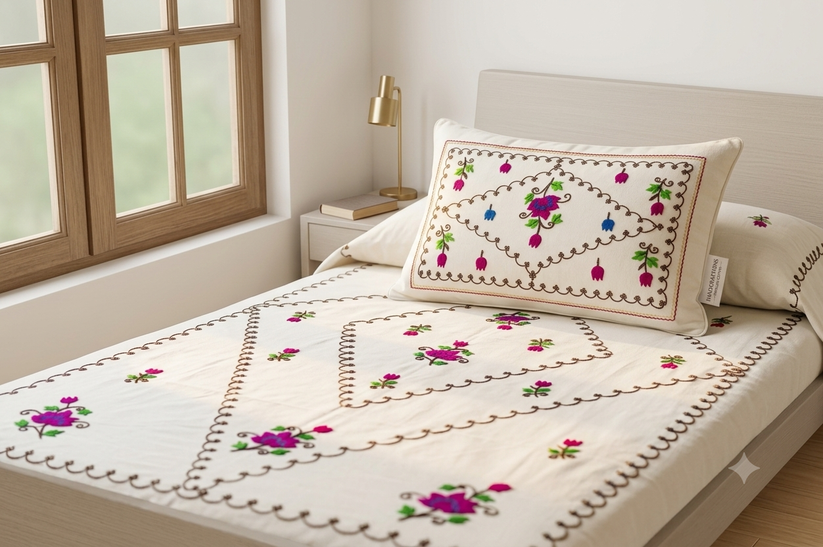 Aari Embroidery White Cotton Single Bedsheet with 1 Pillow Cover | 60 x 90 Inch | Premium Handmade Floral Design
