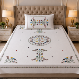 Premium White Cotton Embroidered Single Bedsheet with 17x27 Inch Pillow Cover | 60x90 Inch | Decor Kreations