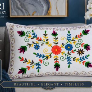 Hand Embroidered Floral Cushion Cover – White Cotton Decorative Pillow Cover for Sofa, Living Room & Bedroom