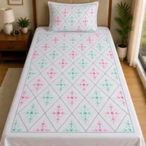 Premium Aari Embroidery White Cotton Single Bedsheet with 1 Pillow Cover | Diamond Floral Design | 60 x 90 Inch