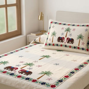 Aari Embroidery White Cotton Single Bedsheet with 1 Pillow Cover | Elephant & Palm Tree Design | 60 x 90 Inch