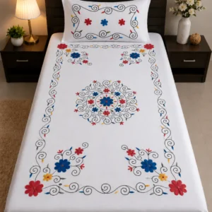 Aari Embroidery White Cotton Single Bedsheet with 1 Pillow Cover | Floral Designer Cotton Bedsheet | 60 x 90 Inch