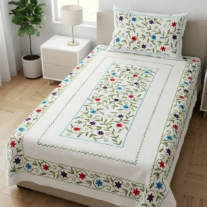 Premium White Cotton Embroidered Single Bedsheet with 1 Pillow Cover | 60 x 90 Inch | Soft Breathable Cotton Bed Sheet | Floral Embroidery Bedding Set