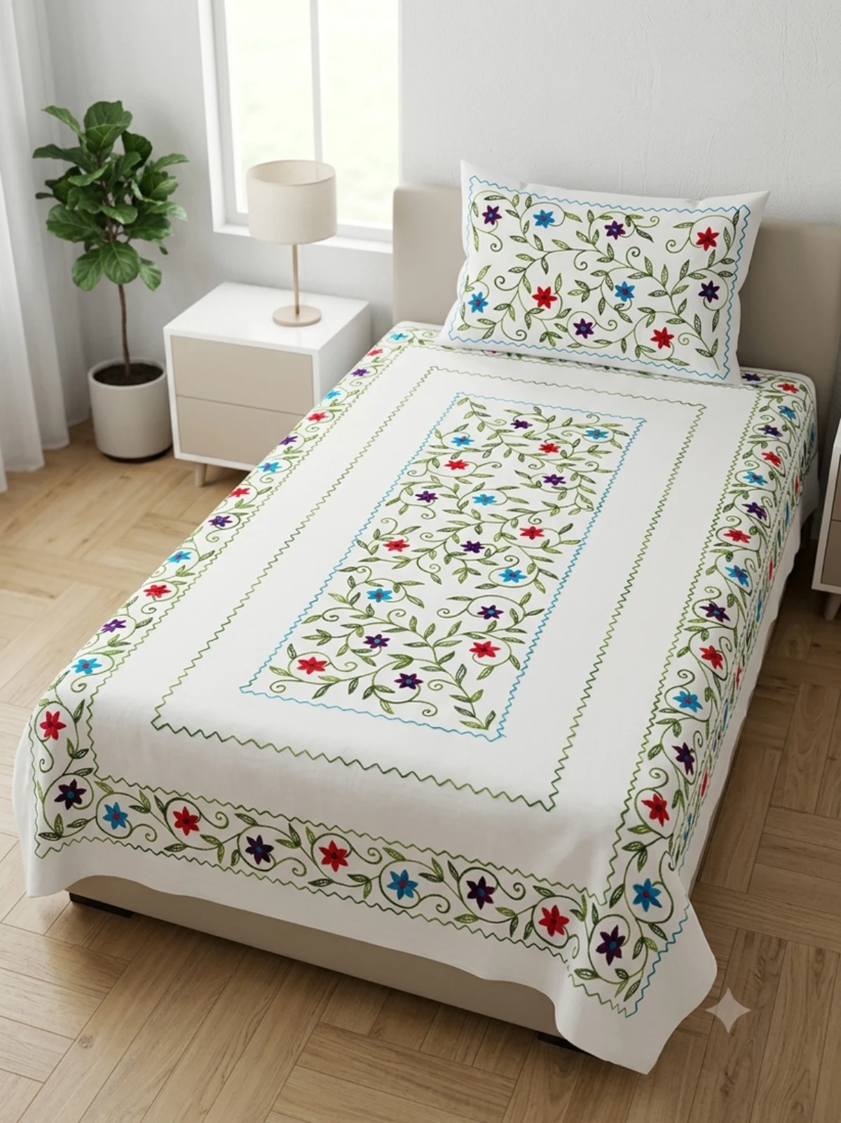 Premium White Cotton Embroidered Single Bedsheet with 1 Pillow Cover | 60 x 90 Inch | Soft Breathable Cotton Bed Sheet | Floral Embroidery Bedding Set