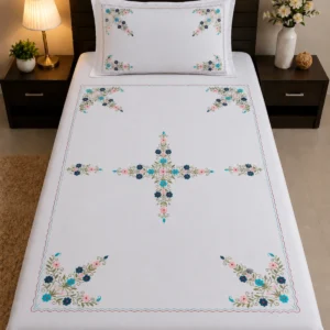 Premium White Cotton Aari Embroidery Single Bedsheet with 1 Pillow Cover | 60x90 Inch Floral Embroidered Bed Sheet