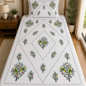 Premium Aari Embroidery White Cotton Single Bedsheet with 1 Pillow Cover | Bird & Tree Embroidery Design | 60 x 90 Inch