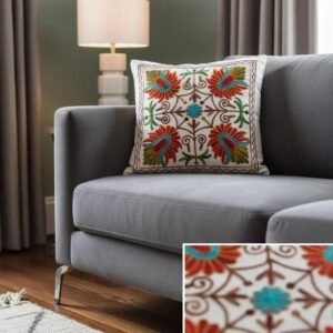 Hand Embroidered Floral Cushion Cover _ Premium Cotton Decorative Throw Pillow Cover for Sofa, Bed & Living Room _ White _ 16x16 Inch