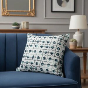 Blue Floral Embroidered Cushion Cover _ Premium Decorative Cotton Throw Pillow Cover for Sofa, Couch & Living Room
