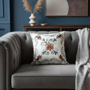 Hand Embroidered Floral Cushion Cover _ White Cotton Decorative Throw Pillow Cover _ Boho Sofa & Living Room Home Decor