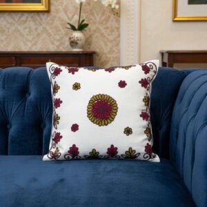 Handmade Embroidery Square Cushion Cover | Maroon & Mustard Floral Medallion Design | Premium Cotton | 16x16 Inch | Indian Pillow Cover for Sofa & Bedroom Decor