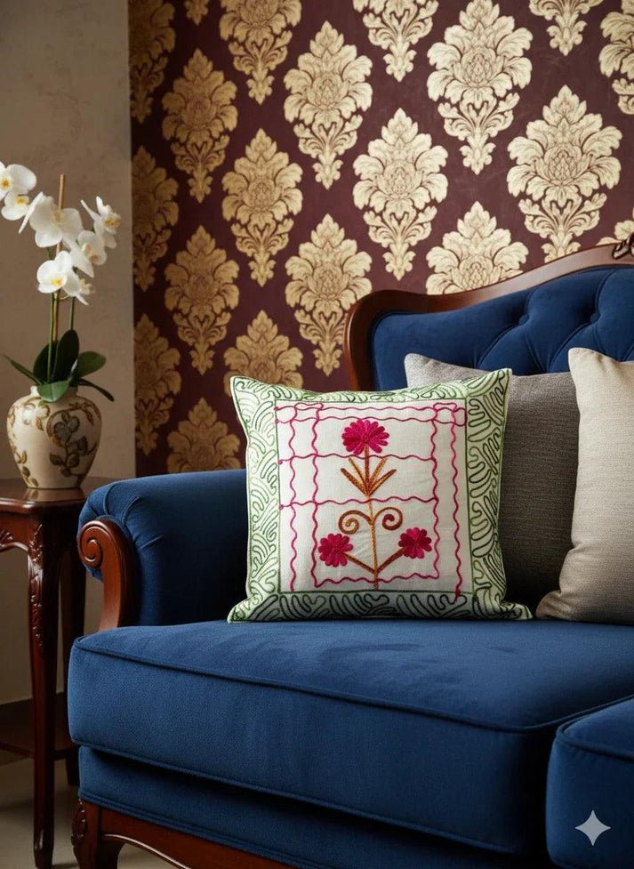 Hand Embroidered Floral Cotton Cushion Cover _ Decorative Throw Pillow Cover for Sofa, Couch & Living Room _ Modern Boho Home Décor