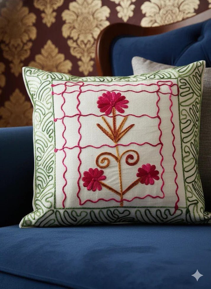 Hand Embroidered Floral Cotton Cushion Cover _ Decorative Throw Pillow Cover for Sofa, Couch & Living Room _ Modern Boho Home Décor - Image 2
