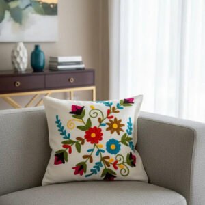 Colorful Floral Embroidered Cushion Cover _ White Cotton Decorative Throw Pillow Cover for Sofa, Couch, Bed & Living Room