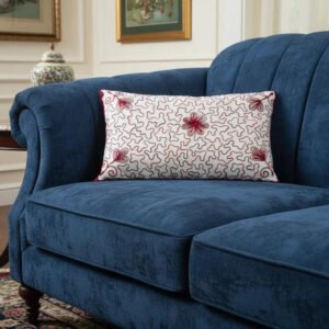 Embroidered White Cushion Cover with Red Floral Design _ Modern Decorative Pillow Cover for Sofa