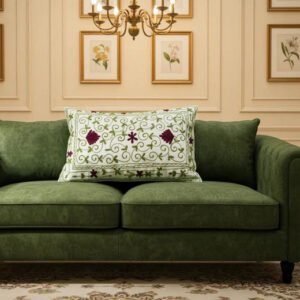 Green & Burgundy Floral Embroidered Cushion Cover _ Decorative Cotton Throw Pillow Cover for Living Room