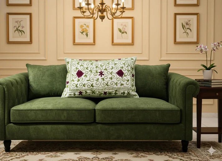 Green & Burgundy Floral Embroidered Cushion Cover _ Decorative Cotton Throw Pillow Cover for Living Room