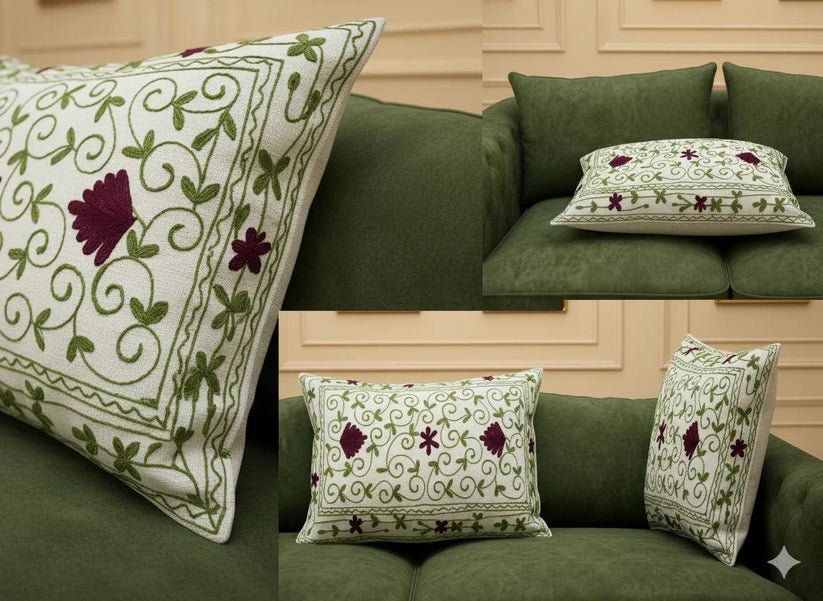 Green & Burgundy Floral Embroidered Cushion Cover _ Decorative Cotton Throw Pillow Cover for Living Room - Image 2