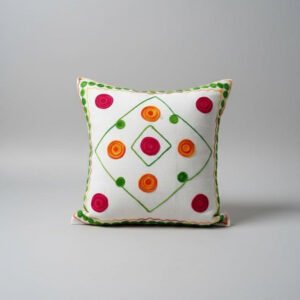 Handmade Embroidery Square Cushion Cover | Neon Pink, Orange & Green Geometric Dot Design | Premium Cotton | 16x16 Inch | Indian Pillow Cover for Sofa & Bedroom Decor