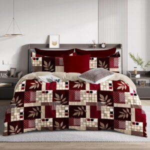 5D Printed Double Bedsheet in Maroon and Beige Geometric Floral Pattern with Pillow Covers